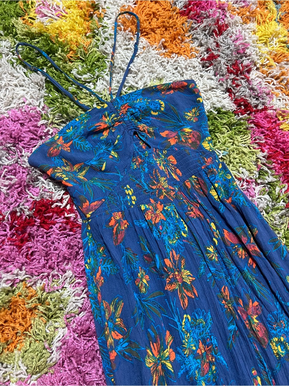 Free People Blue Floral Maxi Dress with Orange and Yellow Accents
